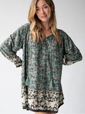 Natural Life Dara V-Neck Tunic Dress Boho  Sage Black Floral Border Size Large